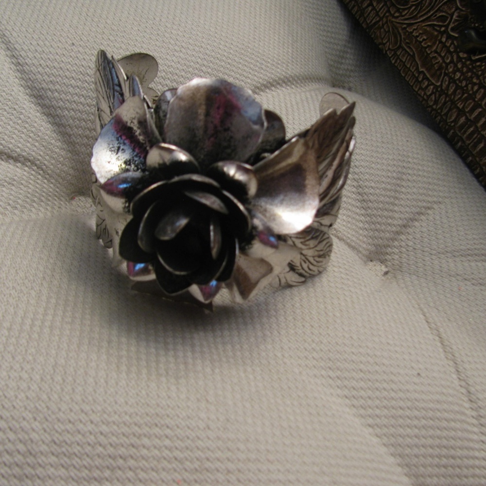 Silver black floral Bracelet cuff